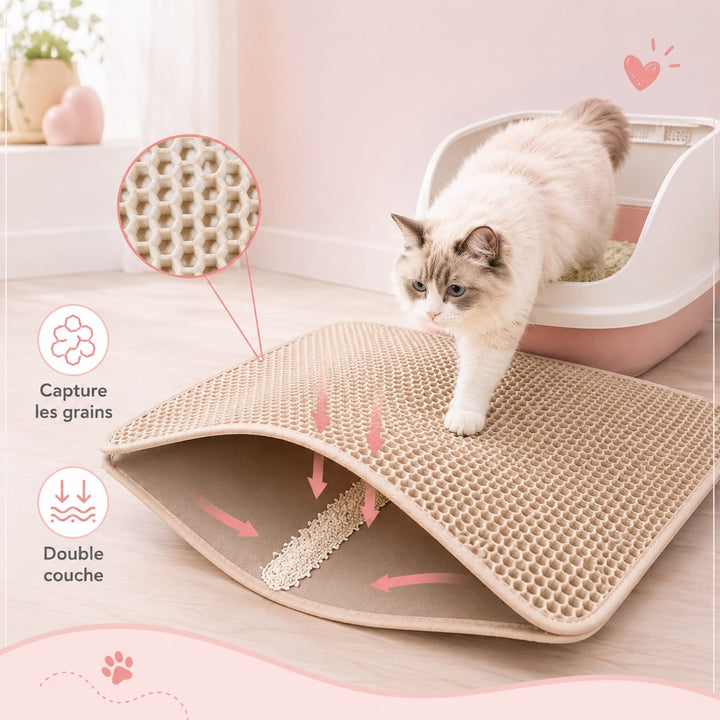 Tapis pour chat en EVA, design alvéolé double couche, retient la litière et les éclaboussures efficacement.