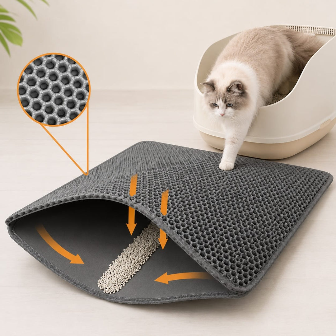 Tapis hygiène féline sous bac litière, maintient la propreté de la maison, facile à nettoyer. Confort chat.