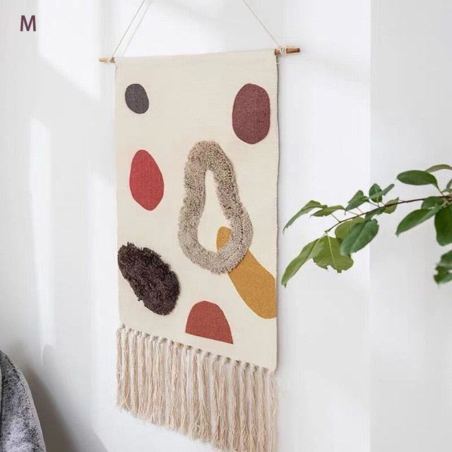 Tenture murale chambre bohème, motifs géométriques, franges, tissage coton lin artisanal.