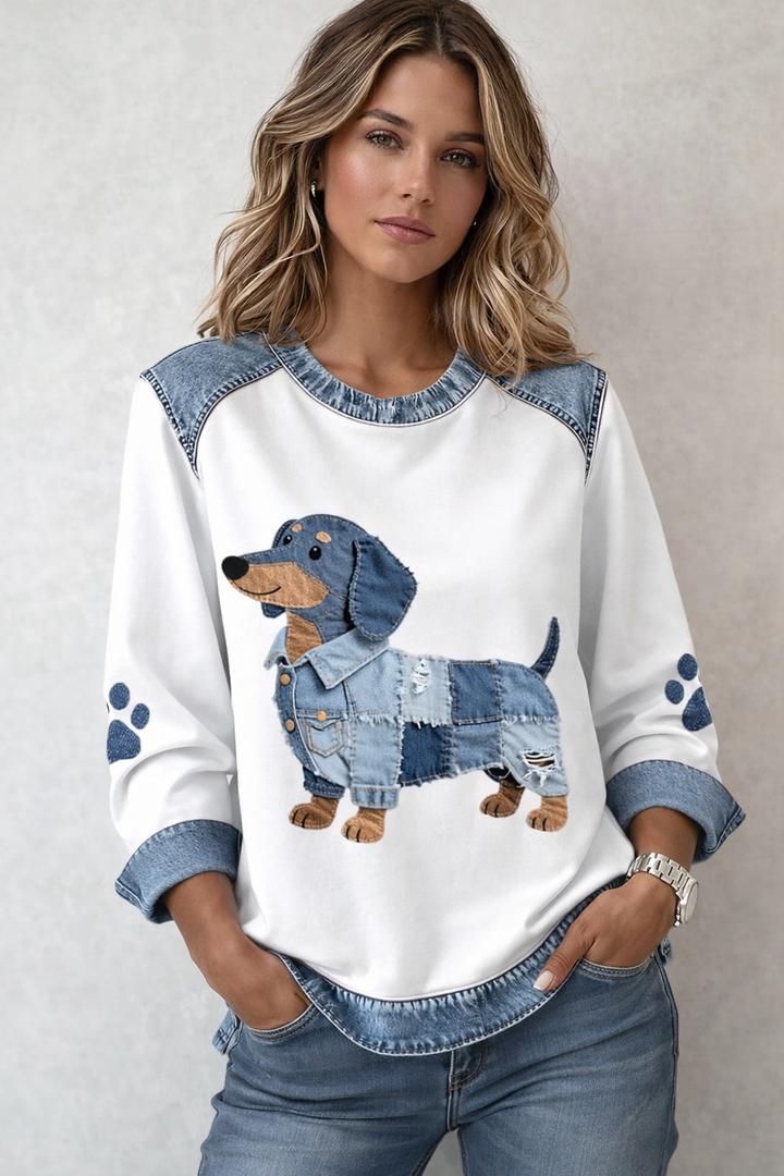 Pull femme élégant à motif chien en denim. Tricot décontracté confortable, idéal pour l'automne et le printemps.