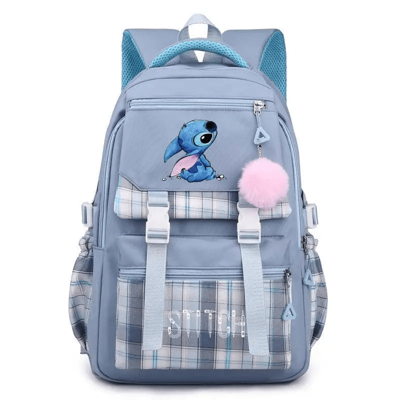 Vue de face du cartable enfant Stitch bleu, sac à dos scolaire avec poches, grande capacité pour l'école.