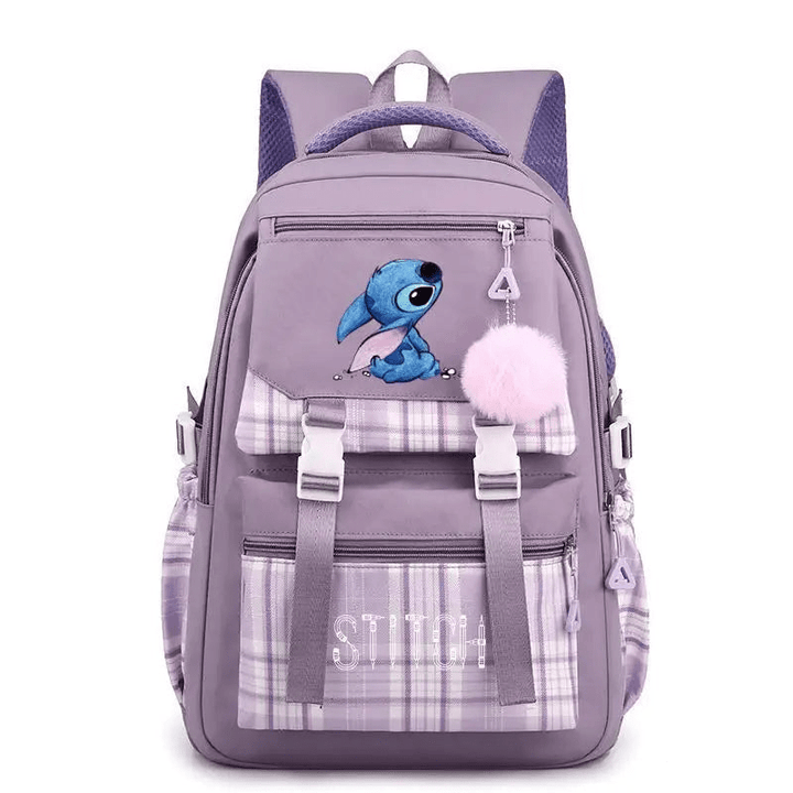 Détail du cartable Stitch pour enfant, sac à dos scolaire avec motifs du personnage, idéal pour la rentrée.