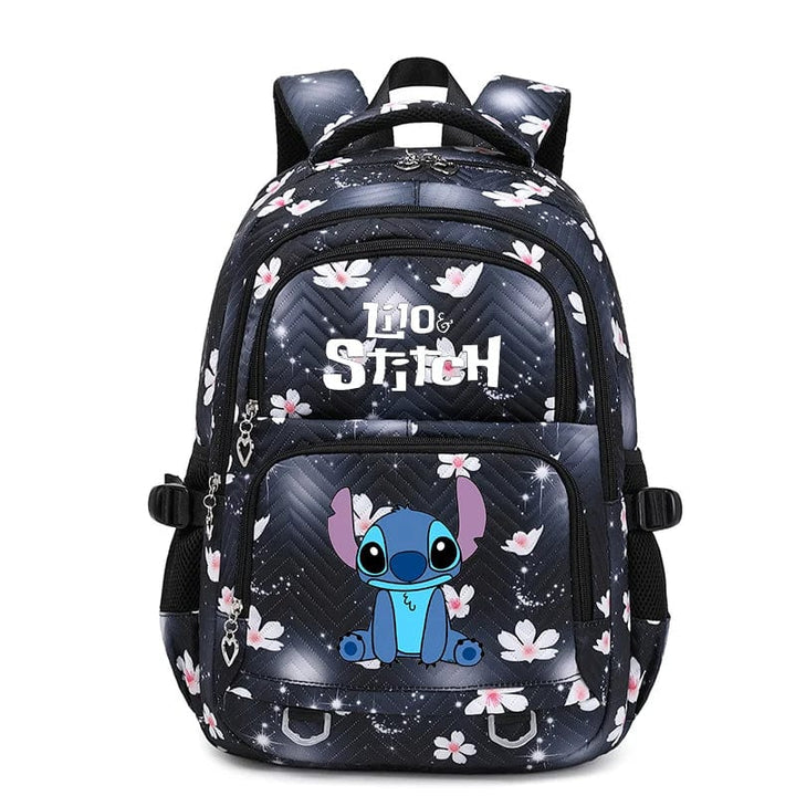 Intérieur organisé du cartable Stitch, multiples compartiments pour fournitures et cahiers.