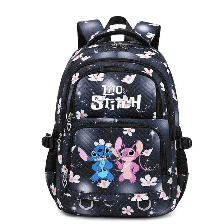 Profil du cartable Stitch bleu, poches latérales pratiques pour gourde et petits objets.