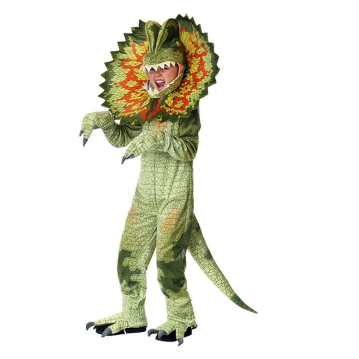Enfant explorant le monde en déguisement dinosaure, pour le jeu et les fêtes à thème.