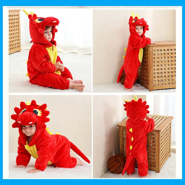 Kigurumi dinosaure confortable pour bébé, idéal comme pyjama ou tenue de jeu douillette en polaire.