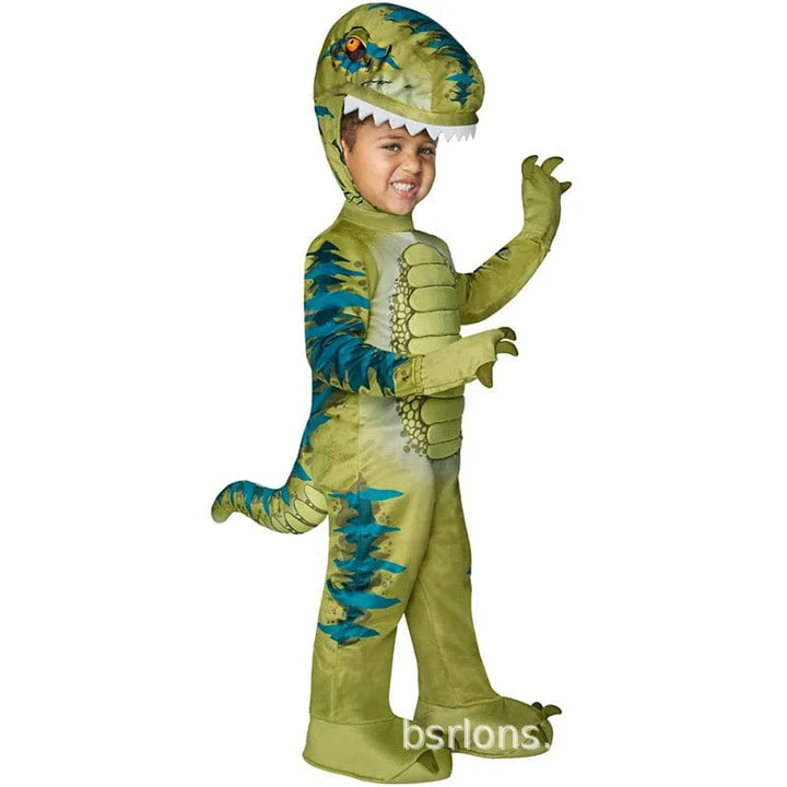 Enfant en costume dinosaure, s'amusant à une fête d'anniversaire ou au carnaval.
