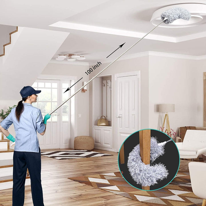Dépoussiéreur extensible longue portée pour éliminer la poussière sur meubles hauts, luminaires et murs.