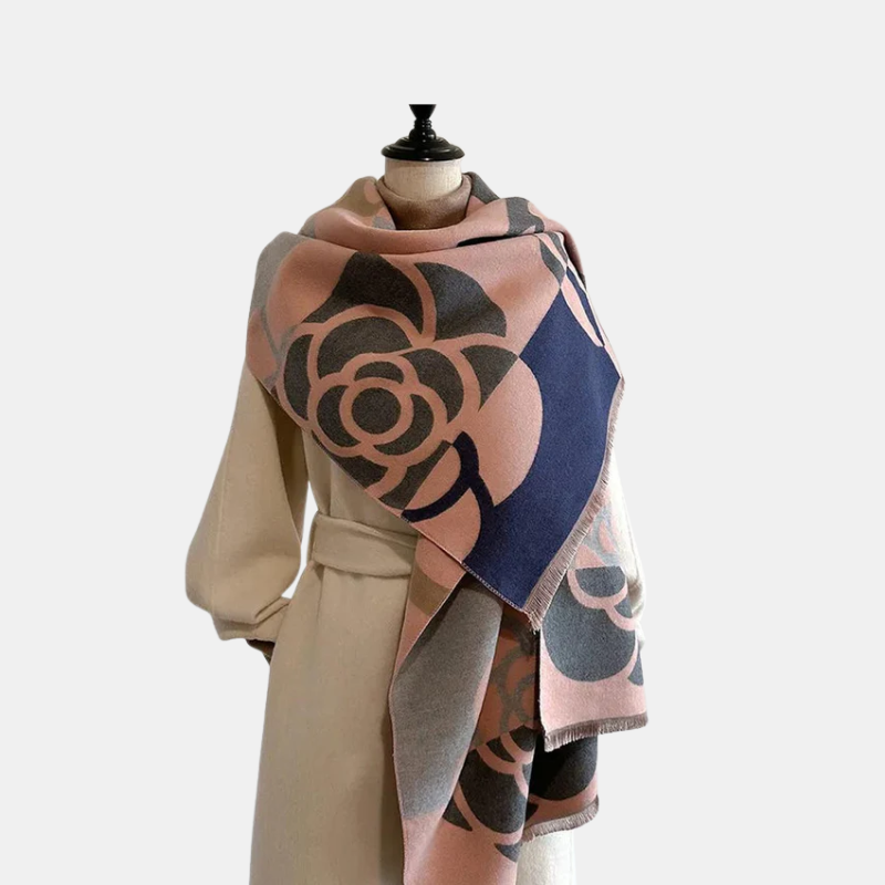 Écharpe femme réversible en cachemire imprimé rose/orange, accessoire de mode élégant pour l'hiver.