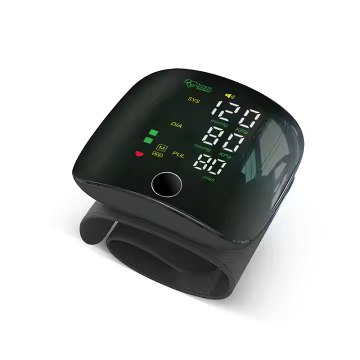 Moniteur de tension artérielle à poignet avec technologie LED, rechargeable, pour un suivi fiable de votre santé cardiovasculaire.
