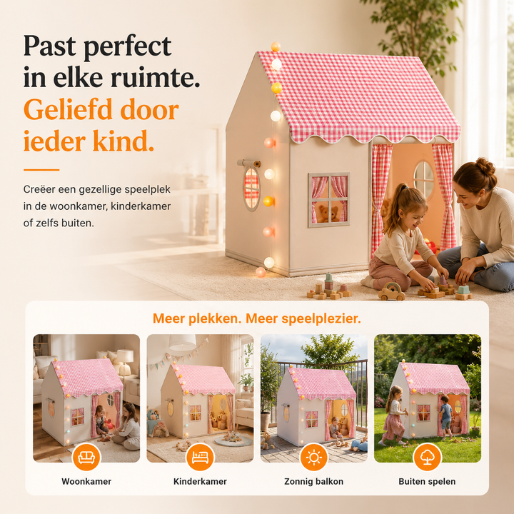 Tente de jeu château rose et jaune pour enfants, avec guirlande lumineuse, parfait pour jeu d'intérieur.