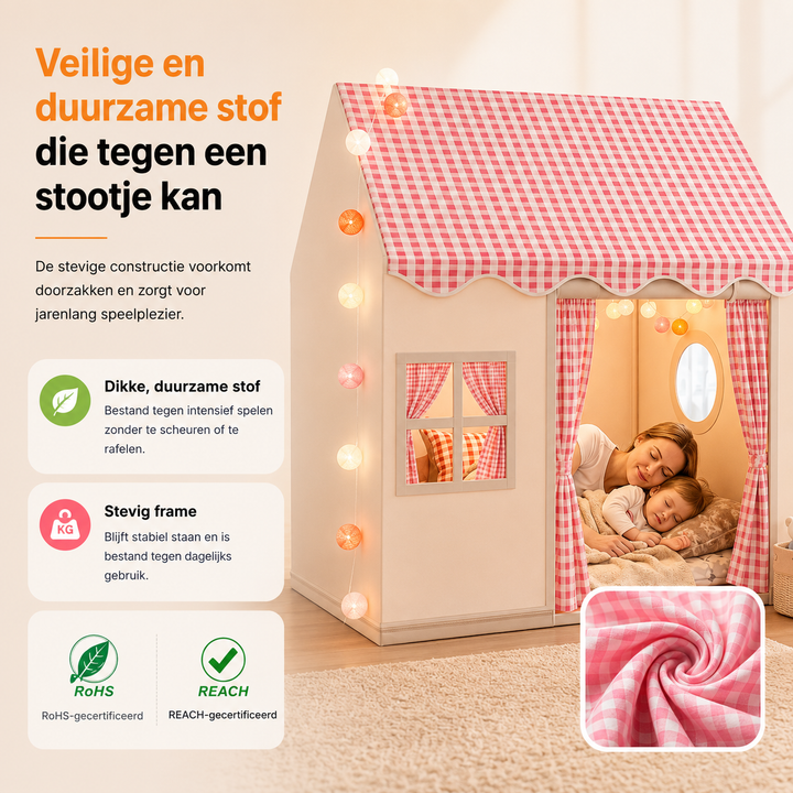 Jouet tente de jeu château pour enfants, rose/jaune, incluant guirlande lumineuse. Idéal pour l'intérieur.