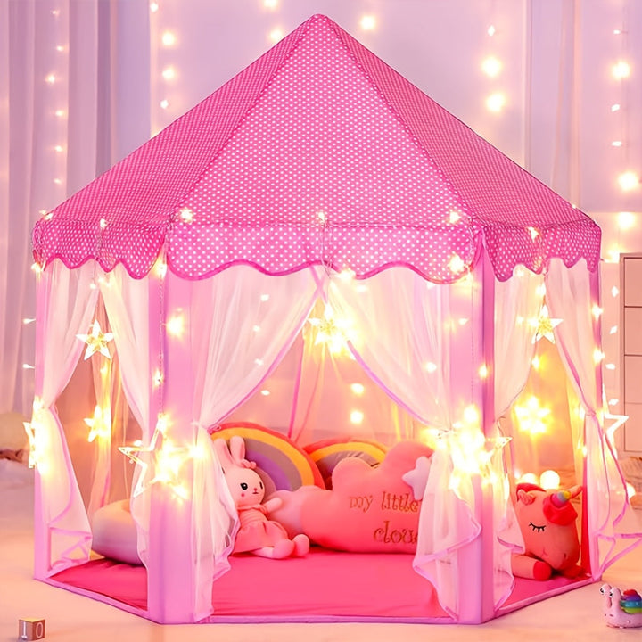 Tente de jeu rose princesse pour enfants avec éclairage étoilé intégré, idéale pour jeu intérieur.