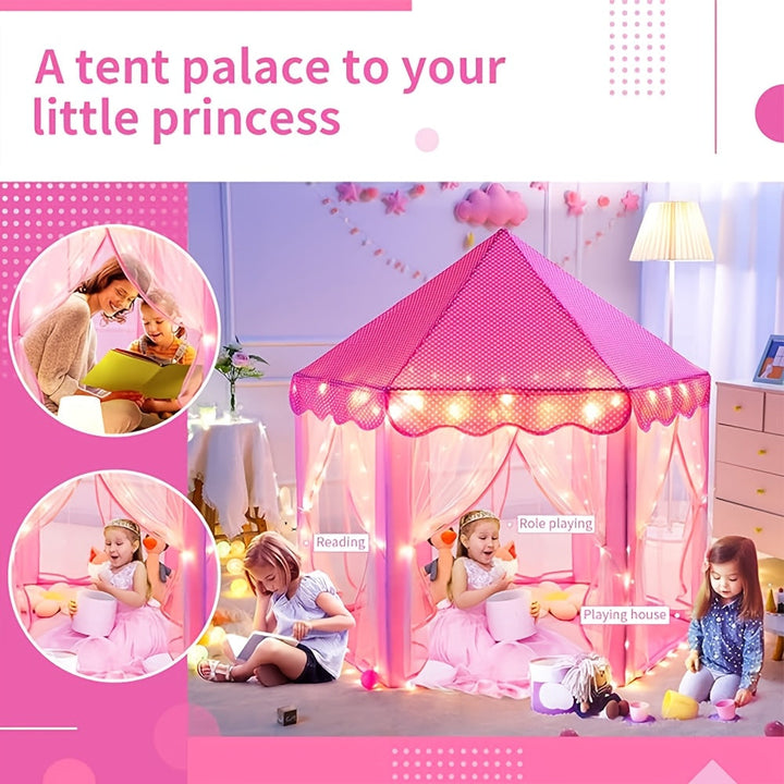Tente princesse enchantée pour enfants avec étoiles lumineuses, créant une ambiance magique pour le jeu.