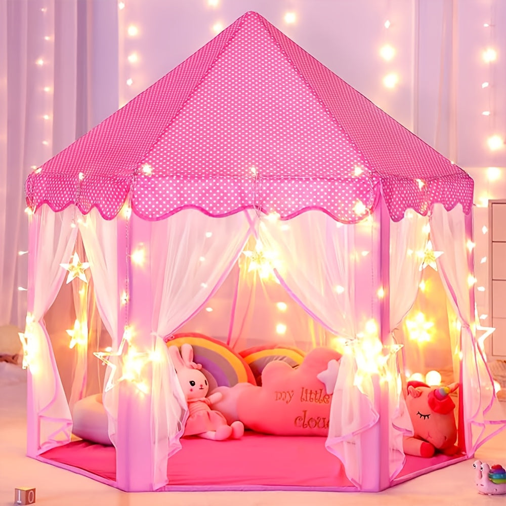 Cabane de jeu princesse portable et pliable pour enfants, avec étoiles lumineuses, usage intérieur ou extérieur.