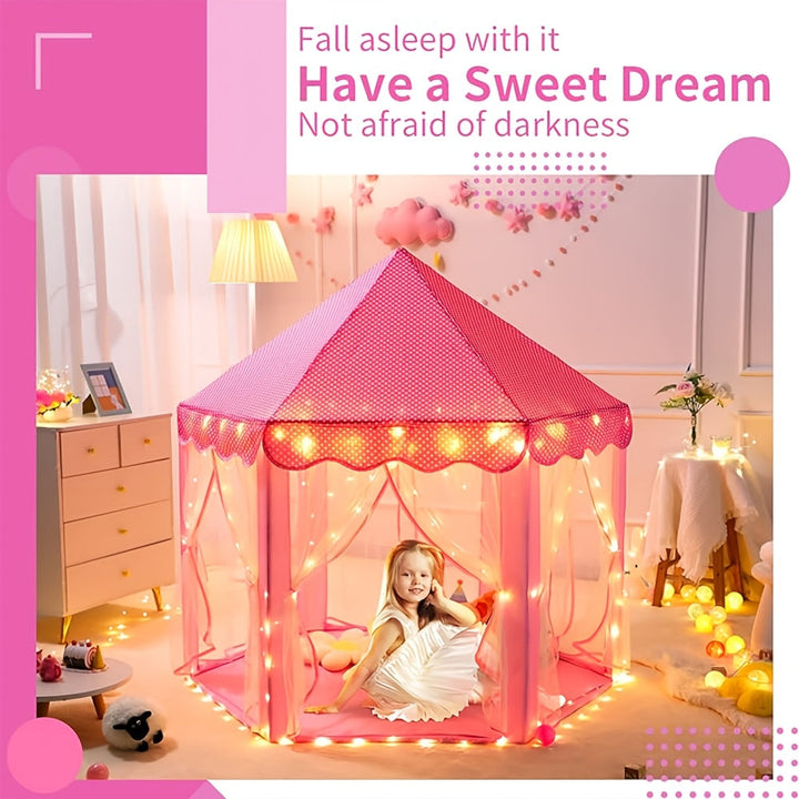 Tente de jeu princesse pour enfant, avec éclairage étoilé doux, parfaite pour lecture et jeux créatifs.