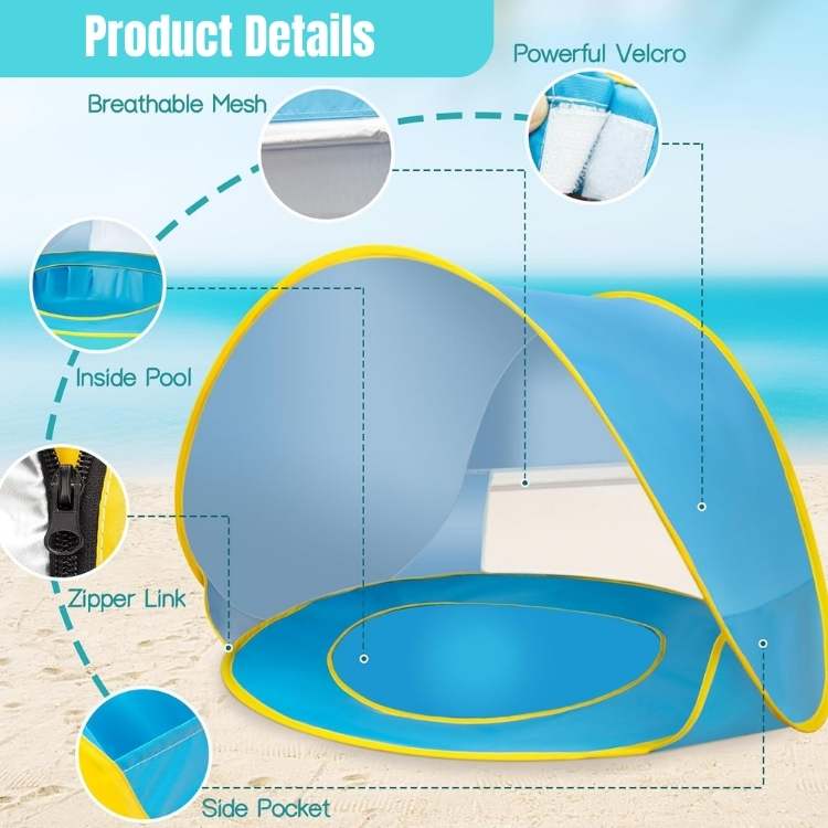 Tente de plage pop-up pour bébé, facile à monter. Pataugeoire intégrée, idéale pour enfant, été portable.