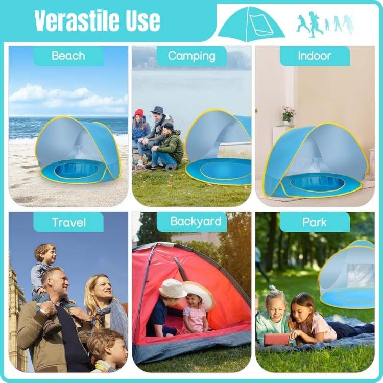 Tente de plage bébé avec pataugeoire intégrée pour rafraîchir l'enfant. Pop-up portable, protection UV, pare-soleil.
