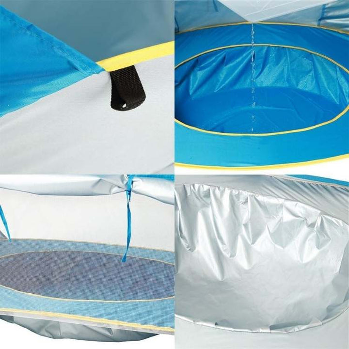 Tente pop-up bébé pour plage ou jardin. Pataugeoire intégrée, protection UV, pare-soleil portable enfant été.