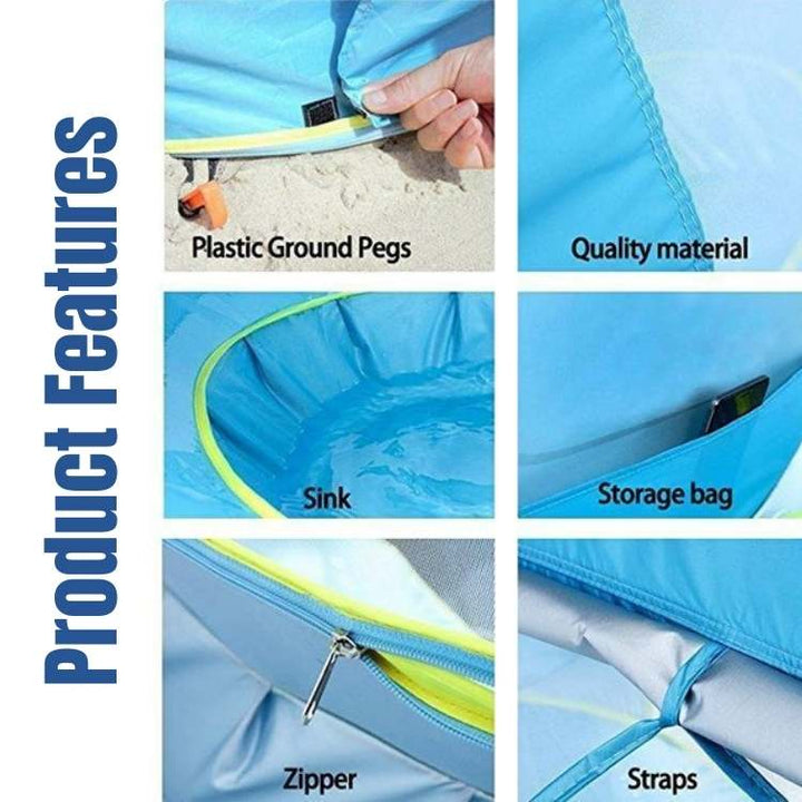 Tente de plage pop-up enfant, pare-soleil protecteur UV, avec pataugeoire. Idéal bébé pour extérieur portable, été.