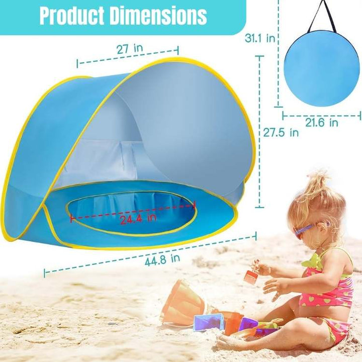 Tente de plage bébé pop-up avec pataugeoire intégrée, sécurité enfant, protection UV, idéale pour l'été.