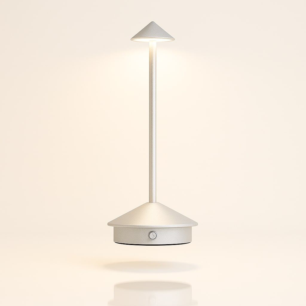 Décoration lumineuse : lampe de table LED sans fil rechargeable, design moderne pour intérieur/extérieur.