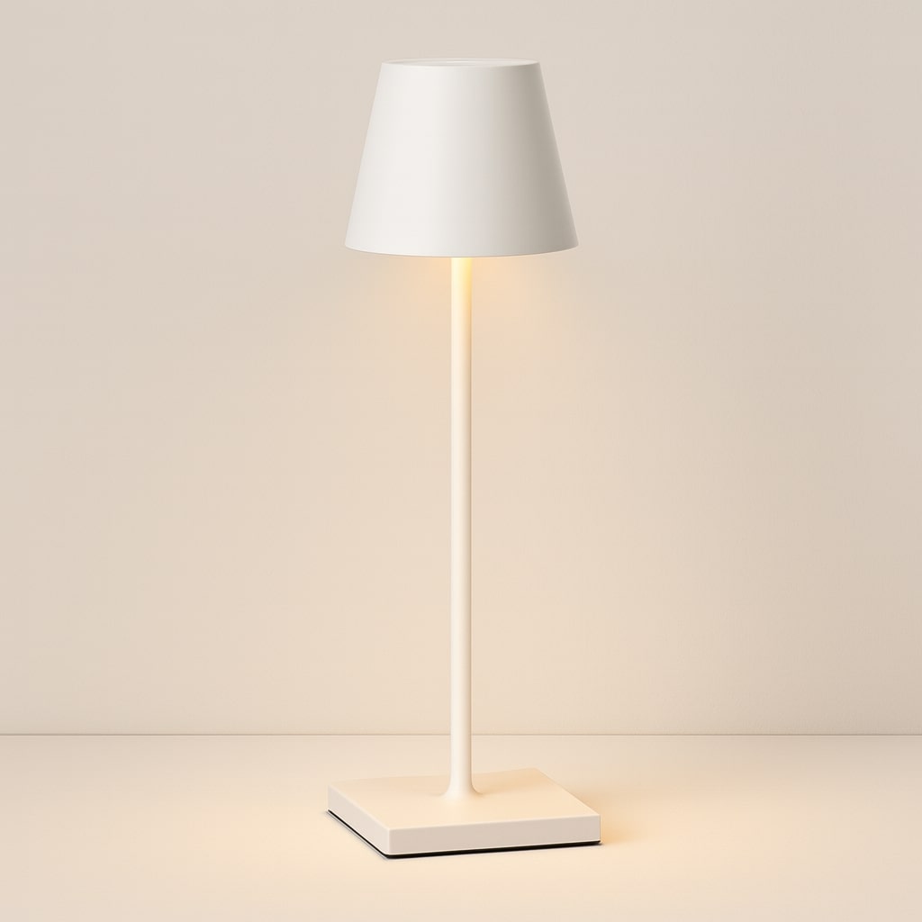 Lampe de table sans fil LED, design contemporain, variateur intégré, usage polyvalent intérieur et extérieur.