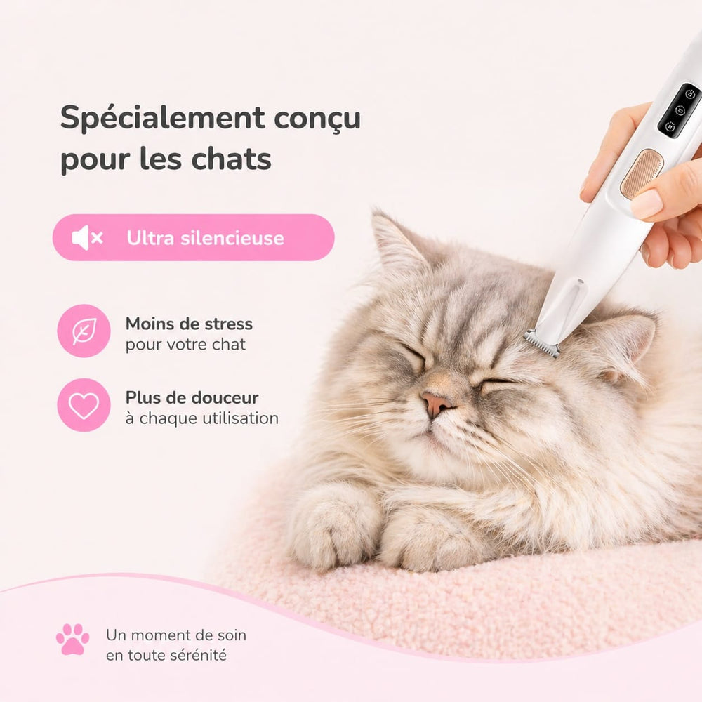 Appareil toilettage chat silencieux, enlève les nœuds, parfait pour chats à poils longs et sensibles.