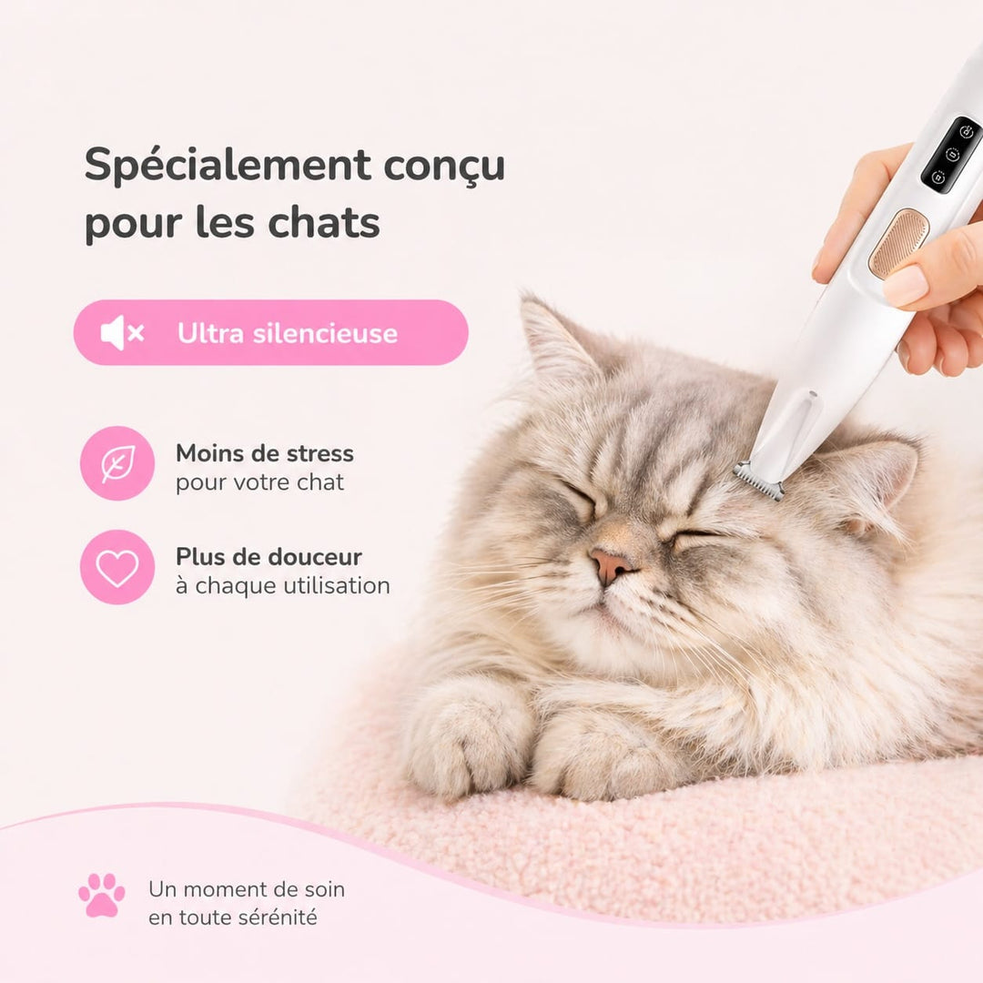 Appareil toilettage chat silencieux, enlève les nœuds, parfait pour chats à poils longs et sensibles.