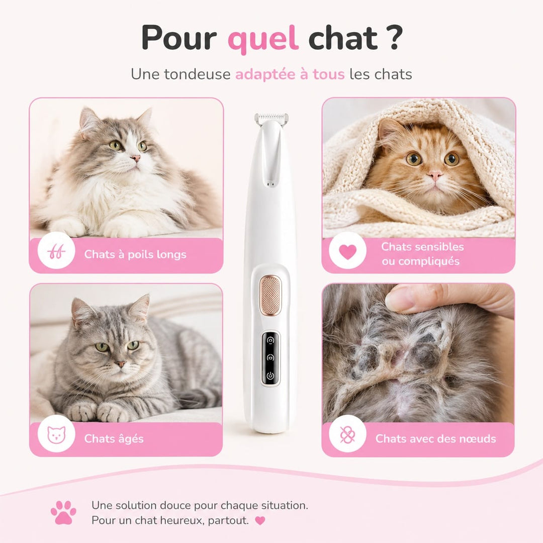 Tondeuse animaux pro pour chats à poils longs, design ergonomique, coupe douce et anti-nœuds.