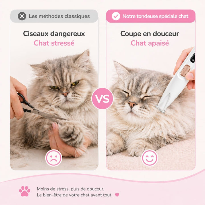 Tondeuse électrique pour chat, technologie silencieuse, coupe les poils longs et évite les nœuds.