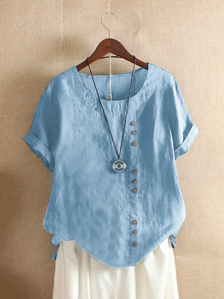 Vêtement d'été femme, top à manches courtes boutonnées. Style décontracté chic, très confortable et polyvalent.