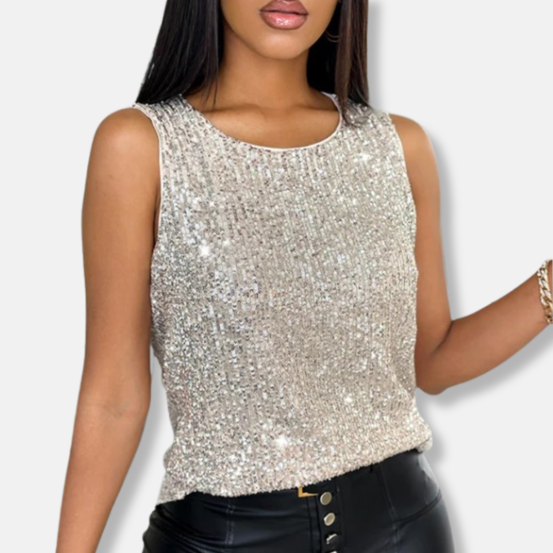Chemisier blanc scintillant à sequins pour femme, sans manches, idéal pour une tenue de fête stylée.