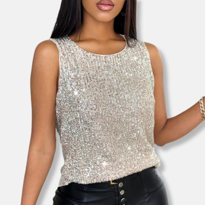Chemisier blanc scintillant à sequins pour femme, sans manches, idéal pour une tenue de fête stylée.