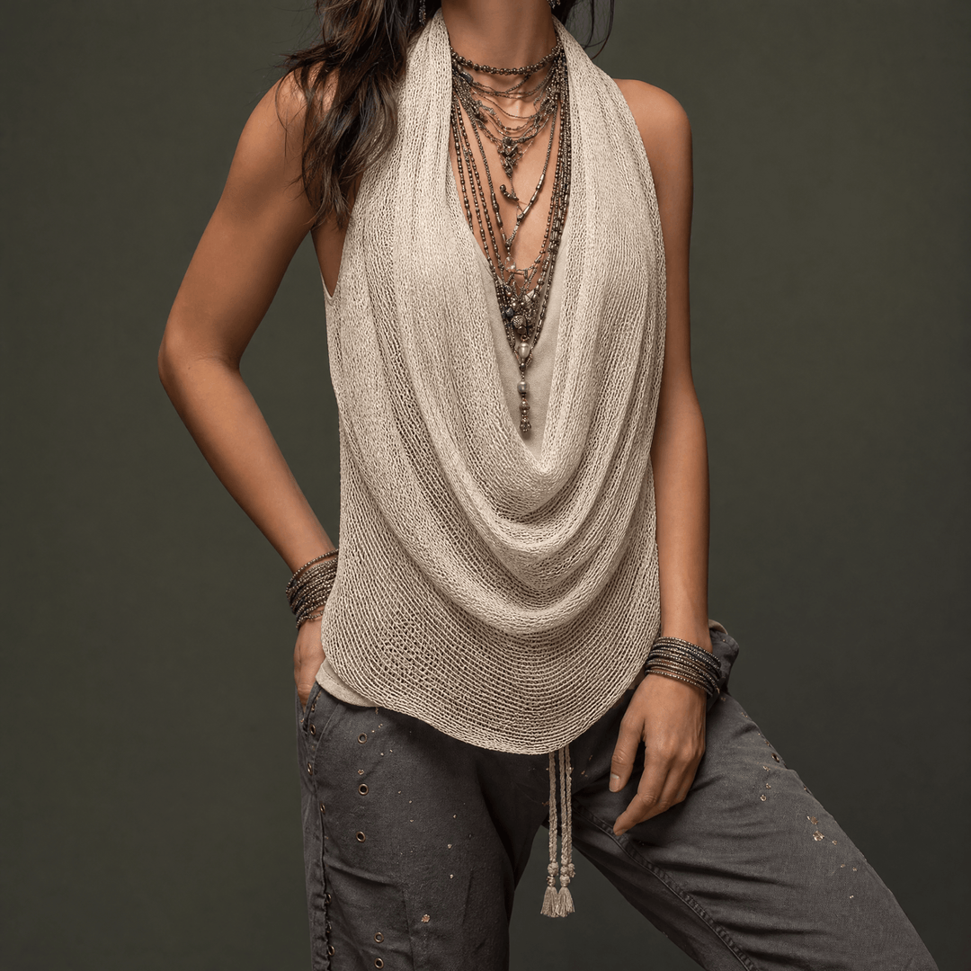 Top d'été dos nu drapé pour femme, léger et élégant, idéal pour un style décontracté chic.