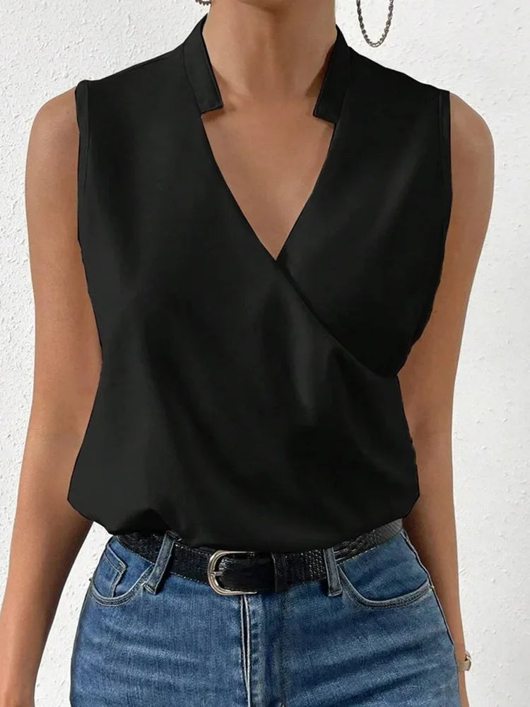 Top élégant fleuri sans manches, col V, indispensable pour l'été et les journées printanières ensoleillées.