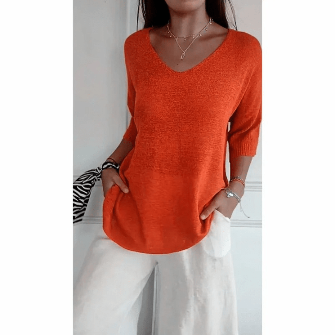 Haut femme confortable col V, manches 3/4. Style élégant pour une tenue de tous les jours, mi-saison.