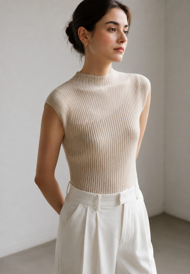 Top femme élégant col montant. Design sans manches, semi-transparent. Mode chic, parfait pour toute occasion.