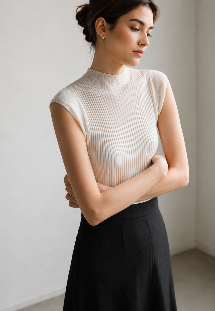 Haut femme ajusté, col montant et sans manches. Tissu semi-transparent. Un vêtement chic et tendance.