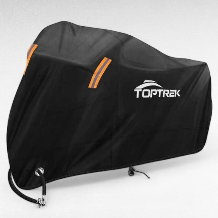 Housse de vélo robuste imperméable noire, protégeant un VTT en extérieur contre la pluie et la poussière.