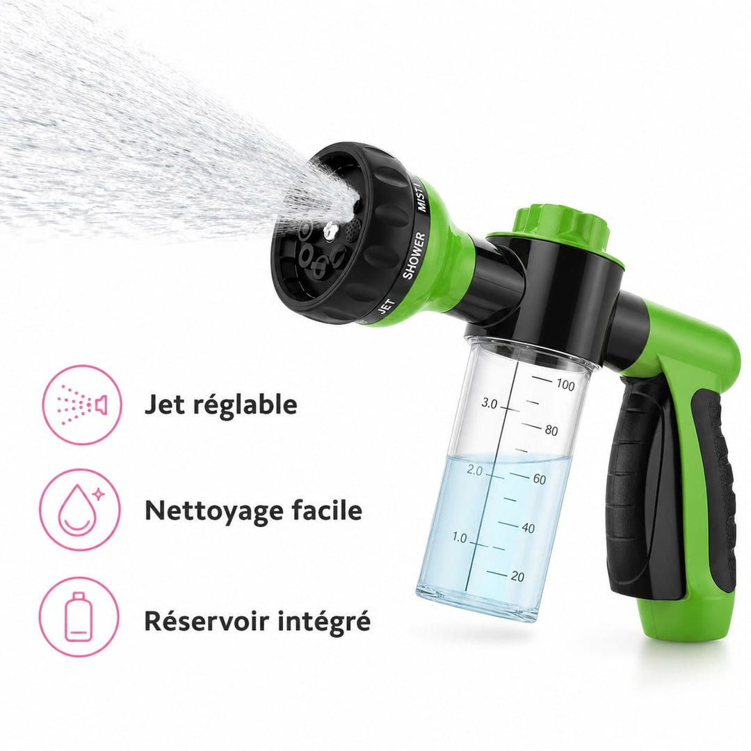 Douchette 8-en-1 pour chien avec shampoing intégré. Facilite le toilettage et le nettoyage rapide des animaux.
