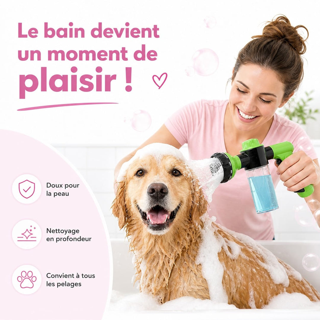 Accessoire de toilettage chien : douchette à jet réglable et réservoir de shampoing pour un bain facile.