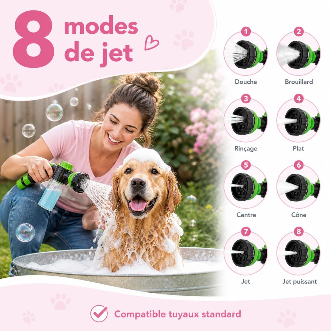 Nettoyage et soin du chien simplifiés avec cette douchette innovante 8-en-1 et son shampoing intégré.