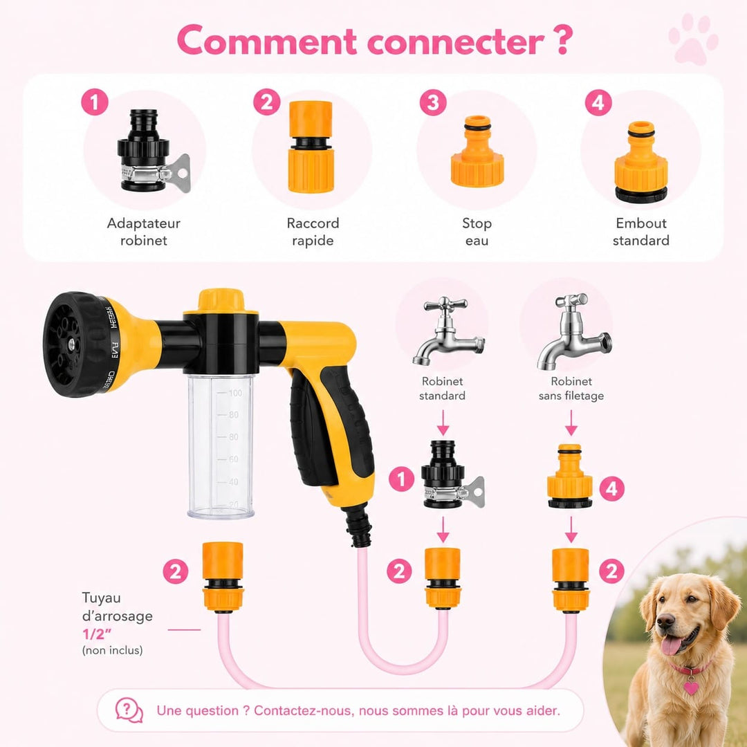 Profitez d'un toilettage facile pour votre chien avec cette douchette 8-en-1 à shampoing intégré.