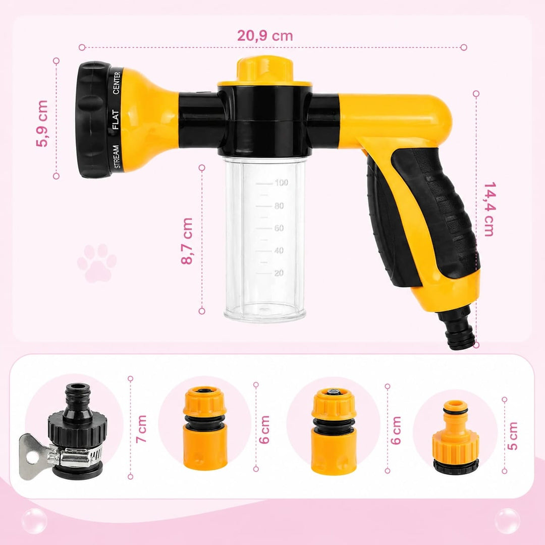 Douchette innovante pour chien avec système de shampoing. Rend le bain plus simple et efficace.
