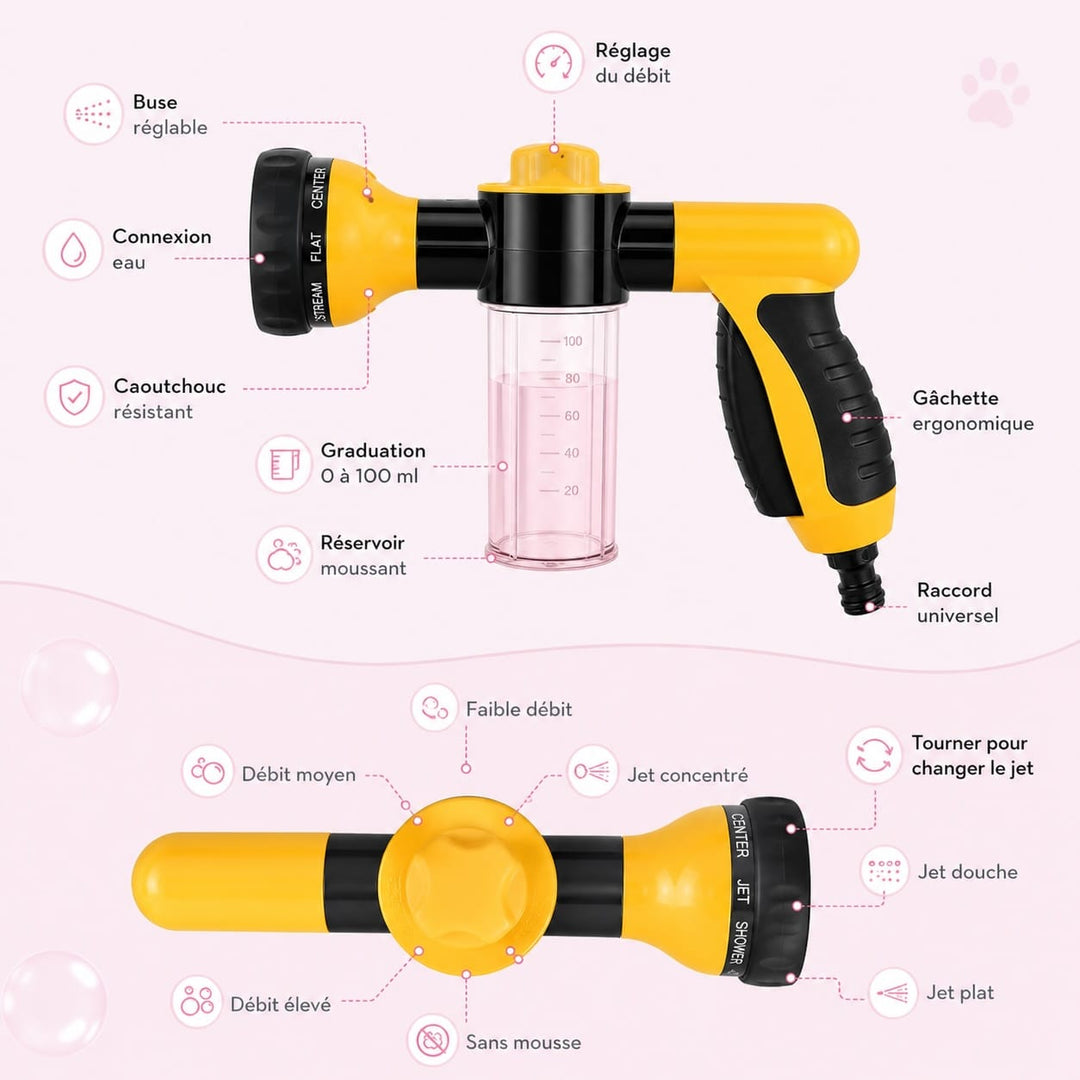Prenez soin de votre chien avec cette douchette pratique 8-en-1 pour un nettoyage doux et complet.