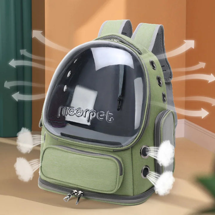 Sac à dos ergonomique pour animaux, vue transparente, ventilation optimale.