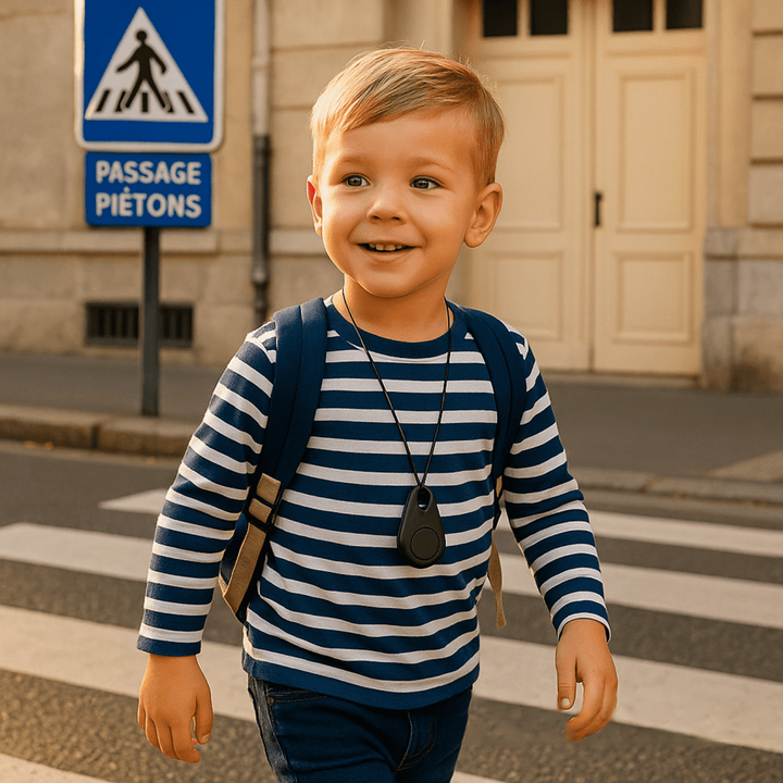 Vue détaillée du traqueur GPS pour enfants, avec ses fonctionnalités de sécurité et suivi avancé.