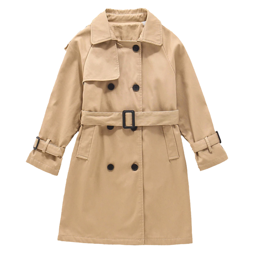 Trench classique marron pour enfants, style élégant et intemporel.