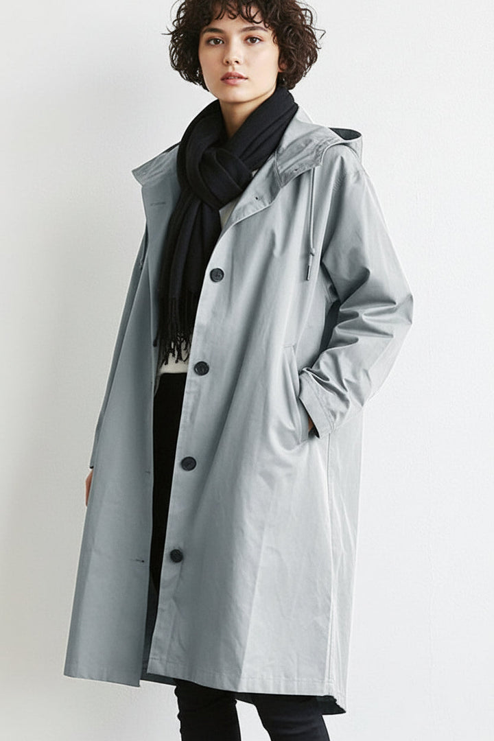 Trench long imperméable femme, léger et élégant, avec capuche amovible, idéal pour la pluie printemps/automne.